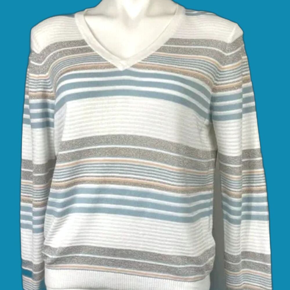 Brooks Brothers Sweater V Neck White Blue Tan Silver Preppy Nautical Stripe M
